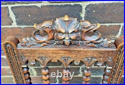 Beautiful Rare Pair Victorian Green Man Carved Oak Hall Chairs Antique