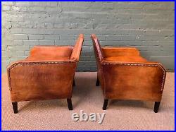 Beautiful Rare Pair of 1920's French Caramel Leather Cathedral Club Chairs