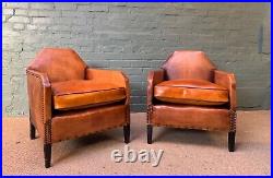 Beautiful Rare Pair of 1920's French Caramel Leather Cathedral Club Chairs