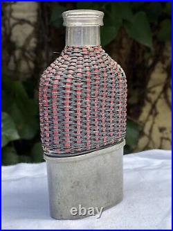 Beautiful Rare wicker Antique Victorian WW1 Officer's Campaign spirit hip Flask
