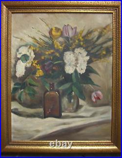 Beautiful Still Life Flowers With Tulips And Pharmacist Bottle Impressionist Oil Picture