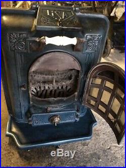 Beautiful french antique Rare Seldom Royal Blue Chimnee Cast Iron Log Burner