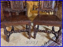 Beautiful pair of unique and rare carved antique oak hall chairs