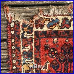 Beautiful rare antique small Persian Qashqai rug in teal, terracotta and cream