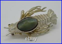 Beautifully Rare Antique Silver Natural Cat's Eye Quartz Crayfish Brooch