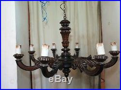 Big! Beautiful Rare Antique Church Hung Carved Mahogany Wood 8 Arm Chandelier
