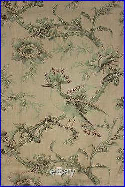 Fabric Antique French bird Pillement design in sea foam green RARE and beautiful