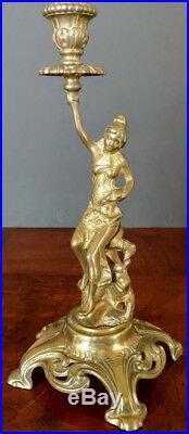 French Antique Bronze Gold Gilded Beautiful Lady Tall Candlestick, Nice, Rare