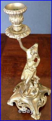 French Antique Bronze Gold Gilded Beautiful Lady Tall Candlestick, Nice, Rare