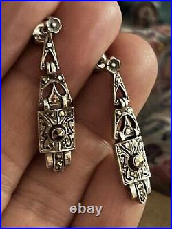 Genuine Antique Art Deco Fine Silver Drop Marcasite Earrings Rare Find
