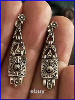 Genuine Antique Art Deco Fine Silver Drop Marcasite Earrings Rare Find