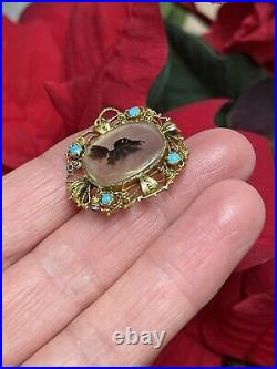 Georgian Cannetille 15ct Gold Brooch Set With Turquoise And Agate Old Rare 3.9g