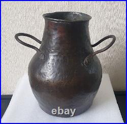Hammered Bronze Cauldron Twin Handle High Neck 8 Beautiful Patina Rare Antique