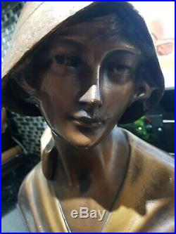 Original 1900c, Large Art Nouveau rare Beautiful Girl Chalkware Figure Bust