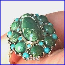 RARE ANTIQUE GREEN BLUE & TURQUOISE 9ct GOLD RING