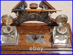 RARE ANTIQUE SILVER PLATE DOUBLE INKWELL DESK SET 12 x 6 BEAUTIFUL