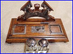 RARE ANTIQUE SILVER PLATE DOUBLE INKWELL DESK SET 12 x 6 BEAUTIFUL