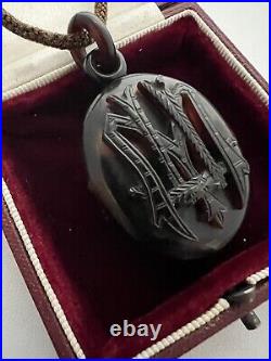 RARE ANTIQUE VICTORIAN MOURNING HAIR NECKLACE & LOCKET CARVED TORTOISE 1800's