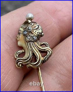 RARE Antique 18K Gold Pearl Enamel Diamond Art Nouveau Woman Bust Stickpin AS-IS