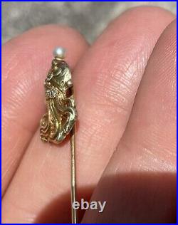 RARE Antique 18K Gold Pearl Enamel Diamond Art Nouveau Woman Bust Stickpin AS-IS