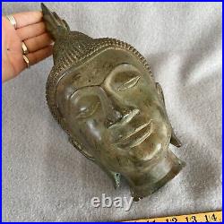 RARE Antique Asian Oriental 1700s Bronze Smiling Buddha Head Beautiful Patina