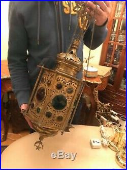 RARE Antique BEAUTIFUL Brass Hanging Chain Lamp w. AMAZING Crystal Pendants