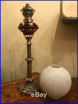 RARE Antique Bronze Beautiful Kerosene Red Glass Oil Lamp German
