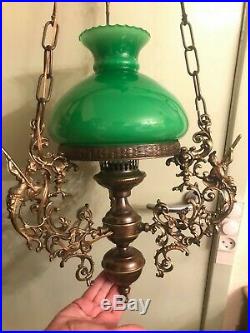RARE Antique Bronze Hanging Chain Ceiling Lamp BEAUTIFUL Ornaments Green Shade
