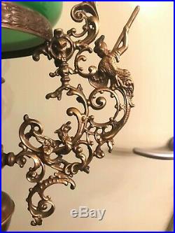 RARE Antique Bronze Hanging Chain Ceiling Lamp BEAUTIFUL Ornaments Green Shade