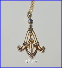 RARE! Antique Edwardian 10KT Gold WHITE SAPPHIRE BLUE TOPAZ PEARLS Necklace