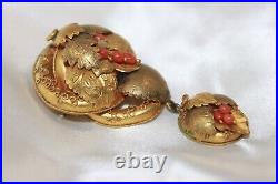 RARE Antique Georgian 1800s Heavy Gold Gilt Coral Seed Dangle Brooch C Clasp