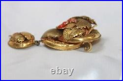 RARE Antique Georgian 1800s Heavy Gold Gilt Coral Seed Dangle Brooch C Clasp
