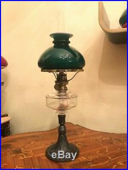 RARE Antique Kerosene Oil Lamp BEAUTIFUL Danish Holmegaard Green Glass Shade