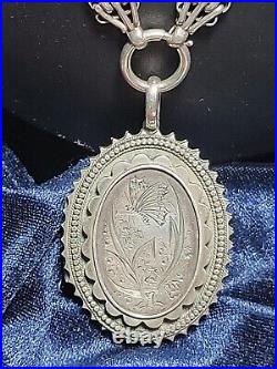 RARE Antique Victorian 1884 Sterling Silver Book Chain and Locket Pendant 56.0g
