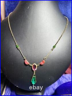 RARE Antique Victorian Laviere Necklace Green, Pink and purple Glass & Gold Tone
