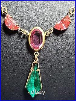 RARE Antique Victorian Laviere Necklace Green, Pink and purple Glass & Gold Tone