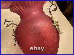 RARE Art Nouveau German Antique BEAUTIFUL Hanging Chain Lamp Big Red Matte Glass