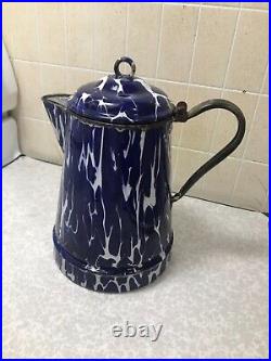 RARE BEAUTIFUL 1920 COBALT BLUE SWIRL COFFEE POT Graniteware Enamelware ANTIQUE