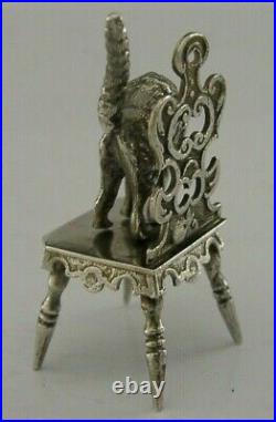 RARE BEAUTIFUL SOLID SILVER ANGRY CAT on CHAIR GERMAN c1900 MINIATURE