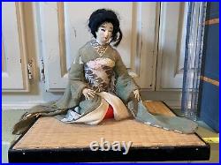 RARE Beautiful Antique Sitting Japanese Geisha Doll Wearing Silk Kimono Stand