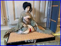 RARE Beautiful Antique Sitting Japanese Geisha Doll Wearing Silk Kimono Stand