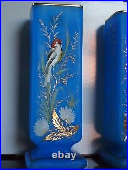 RARE Stunning Antique Blue ART GLASS Vase Pair, Handpainted, 11, Beautiful
