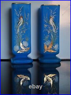 RARE Stunning Antique Blue ART GLASS Vase Pair, Handpainted, 11, Beautiful