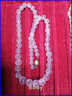RARE antique Hand Carvedq AMETHYST Quartz Stone VTG necklace 16 Glass ART LQQK