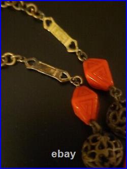 Rare 1920's Antique Czech Red Peking Art Glass Enamel Egyptian Revival Necklace
