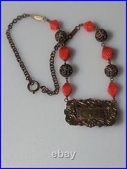 Rare 1920's Antique Czech Red Peking Art Glass Enamel Egyptian Revival Necklace