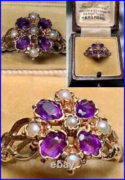 Rare ANTIQUE 9Ct GOLD Amethyst Pearl SUFFRAGETTE Ring Victorian Cross With BOX