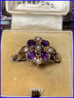 Rare ANTIQUE 9Ct GOLD Amethyst Pearl SUFFRAGETTE Ring Victorian Cross With BOX