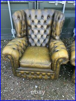 Rare And Beautiful chesterfield 3 piece suite in an antique tan real leather