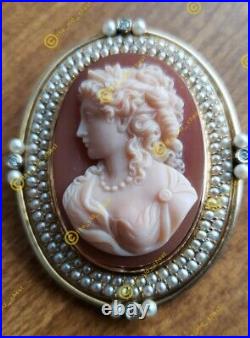 Rare Antique Agate Cameo with diamonds and pearls
